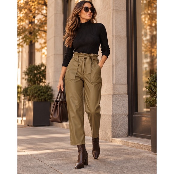 Who What Wear Pants - Who What Wear Olive Faux Leather Paperbag Pants Size 4 Utility Quiet Luxury